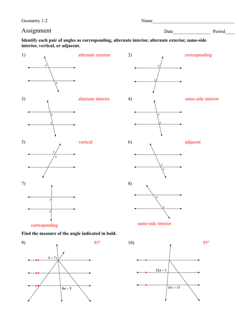 Geometry Find The Measure Of Each Angle Indicated Worksheet Answers