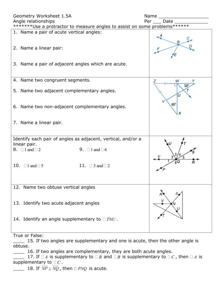 1 5 Angle Pair Relationships Practice Worksheet Answers Db excel