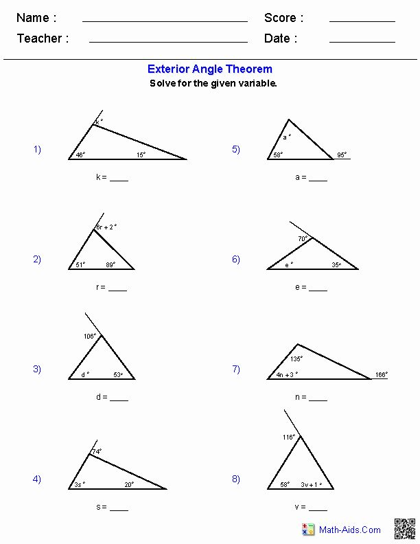50 Exterior Angle Theorem Worksheet In 2020 Geometry Worksheets 