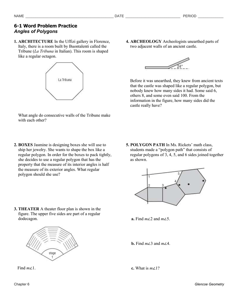 6 1 Angles Of Polygons Worksheet Answers Skill Practice Glencoe 