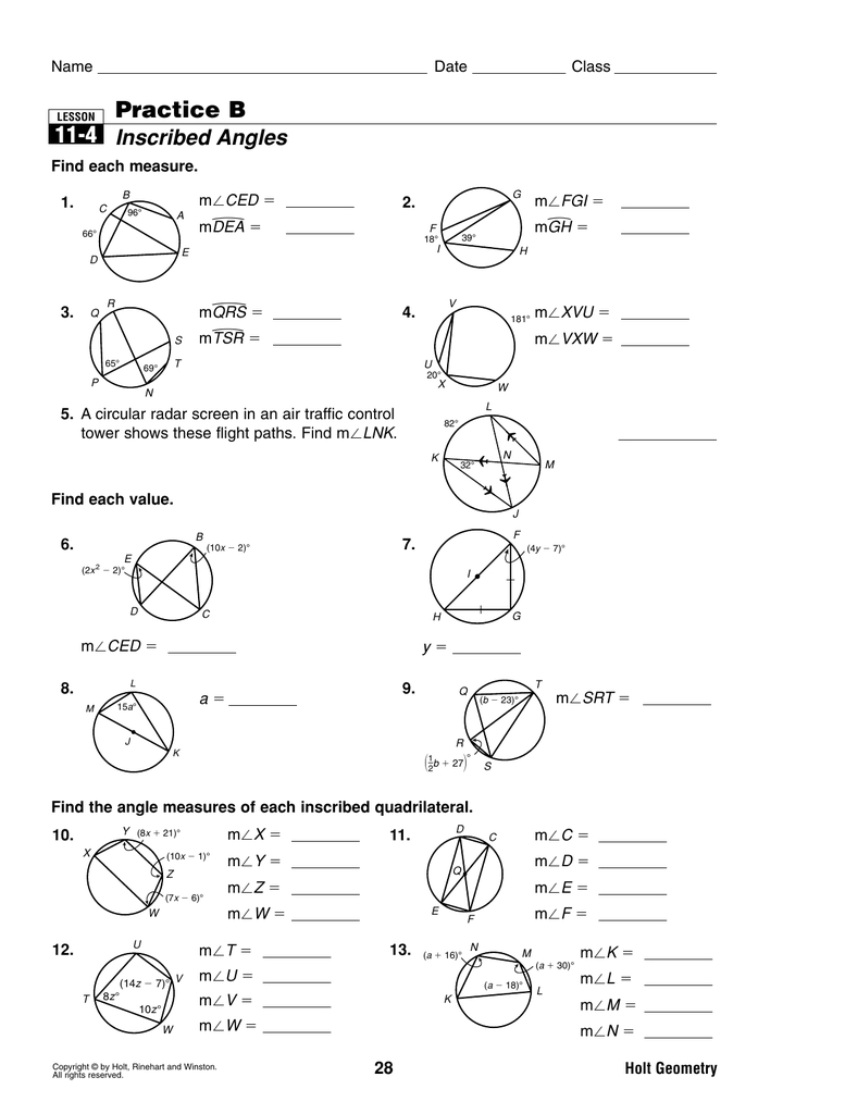 9 4 Practice Worksheet Inscribed Angles Db excel