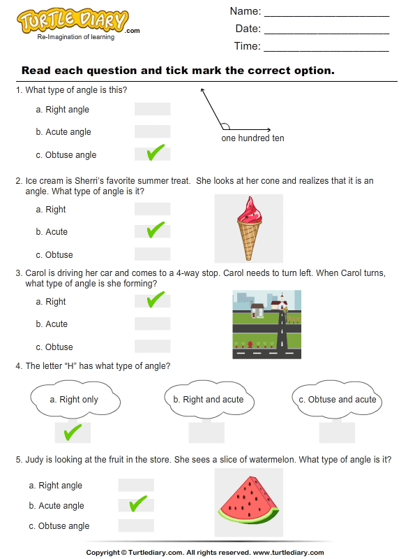 Acute Obtuse Right Angles Worksheet Turtle Diary