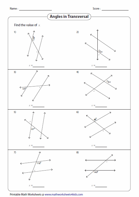 Angles Formed By A Transversal Worksheets