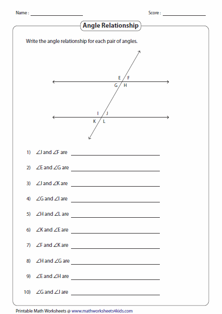 Angles Formed By A Transversal Worksheets