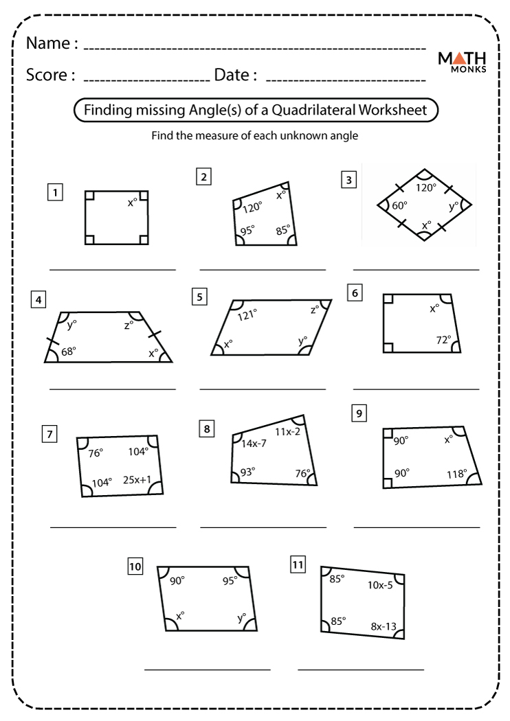 Angles In Quadrilaterals Worksheets Math Monks