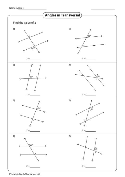 Angles In Transversal Worksheet Printable Pdf Download