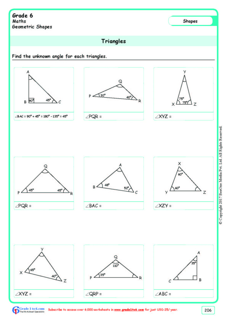 Angles Of A Triangle Worksheets Grade 6 www grade1to6