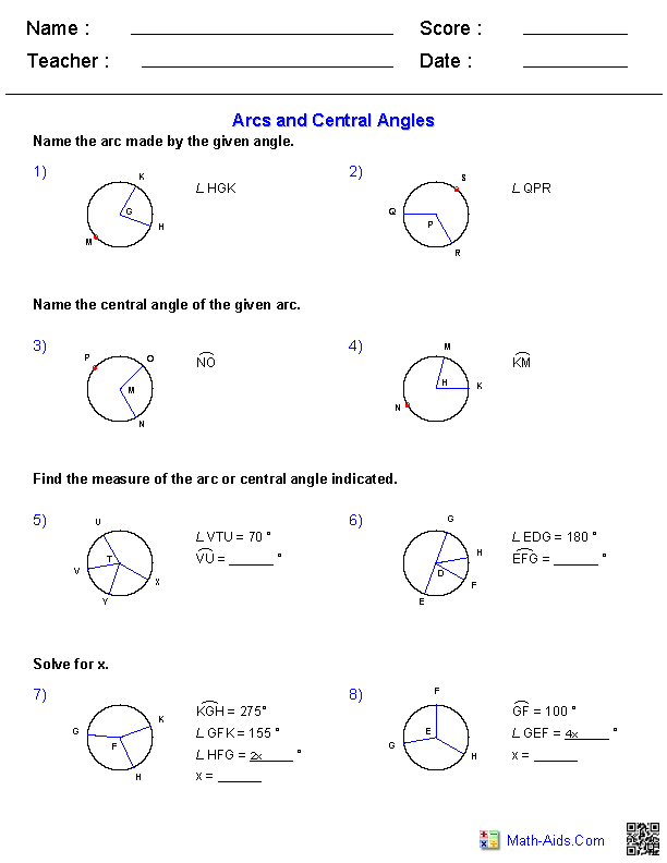 Arcs Central Angles And Inscribed Angles Worksheet Answers 