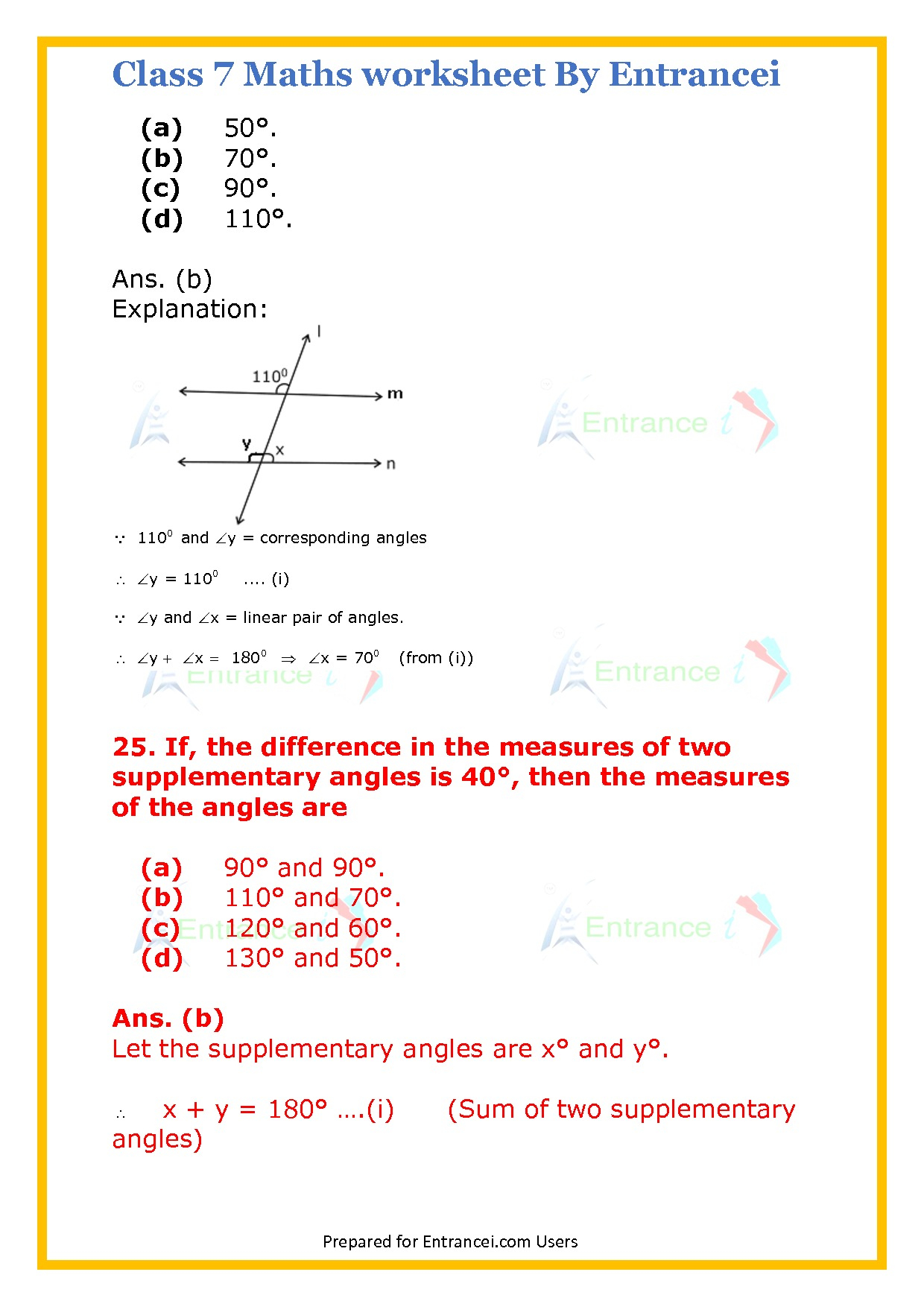 CBSE Class 7 Maths Worksheet For Chapter 5 Line And Angles