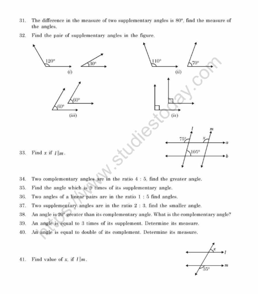 CBSE Class 7 Mental Maths Lines And Angles Worksheet