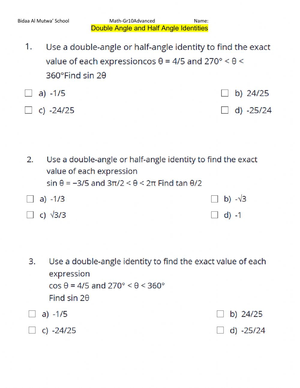 Double And Half Angle Identities Worksheet Slidedocnow