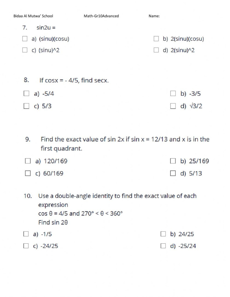 Double Angle And Half Angle Identities Worksheet