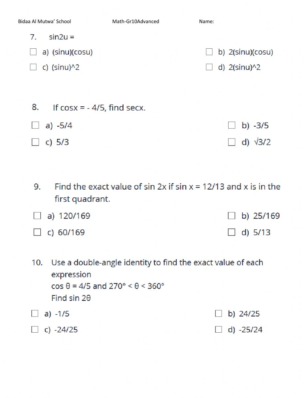 Double And Half Angle Identities Worksheet Answers Kuta Software 