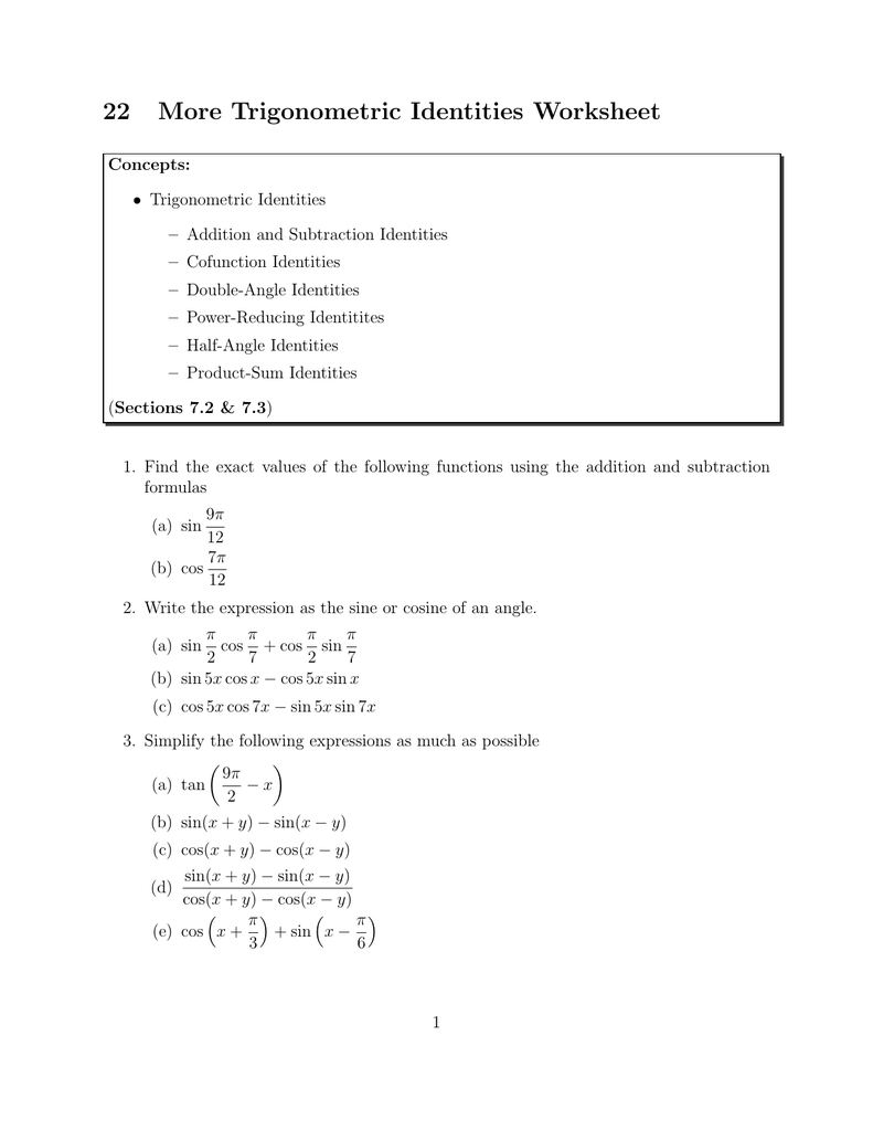 Double Angle Identities Worksheet Worksheet List