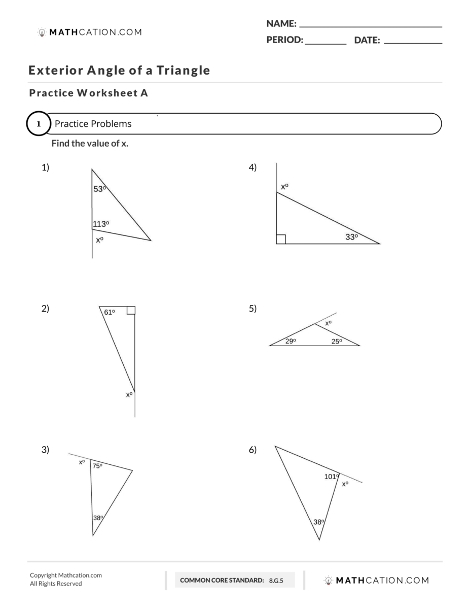 Triangle Exterior Angles Worksheet