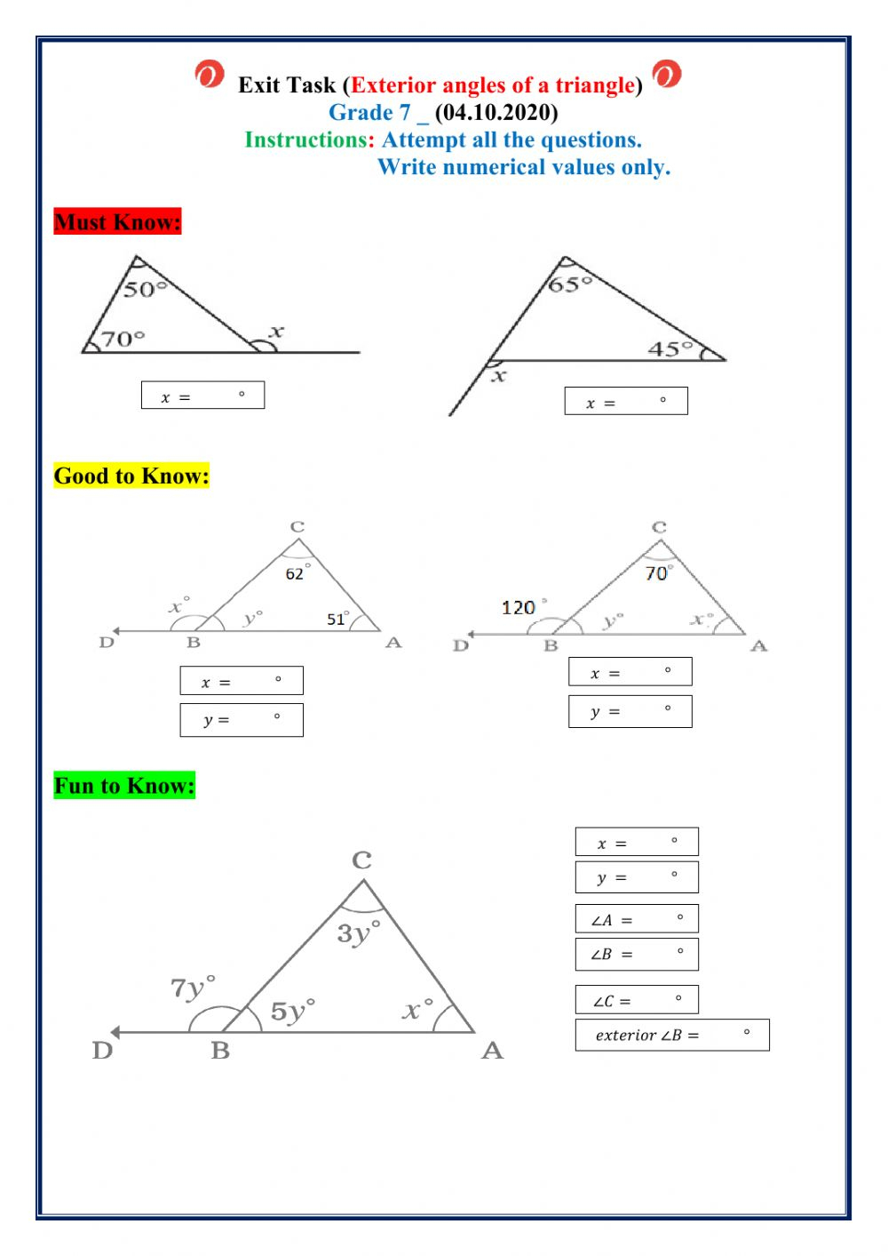 Exterior Angles Of A Triangle Interactive Worksheet