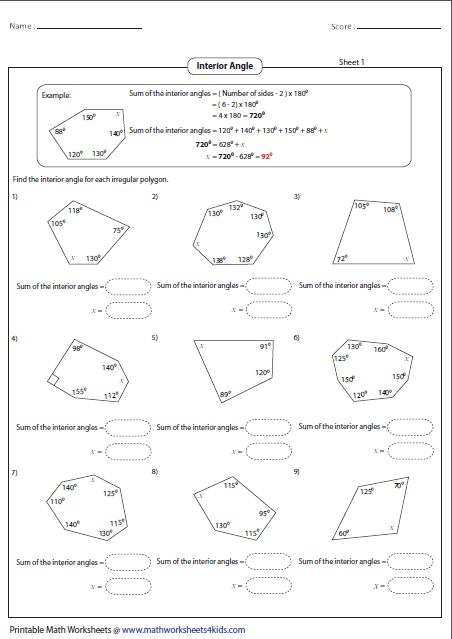 Find The Interior Angle Of Each Polygon Angles Worksheet Geometry 