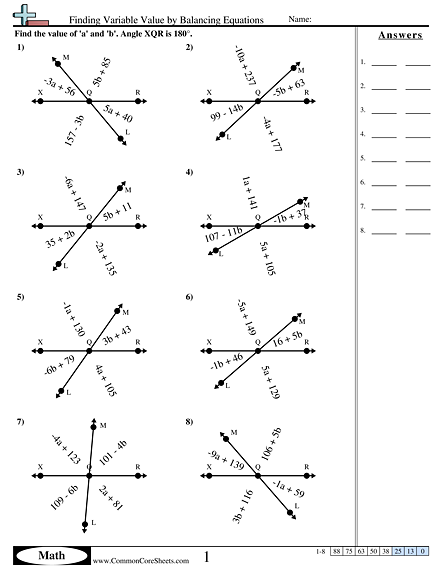 Finding Variable Value By Balancing Equations Worksheet Angles