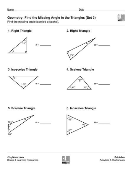 Free Printable Geometry Worksheet Find Missing Angles In Triangels 