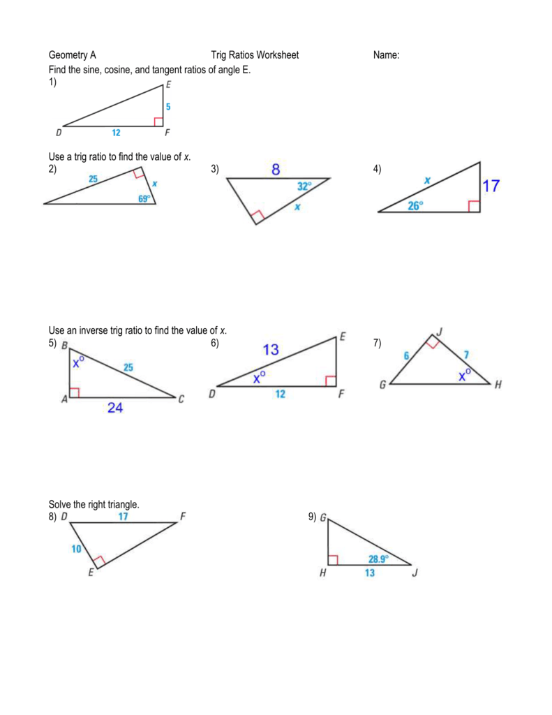 Geometry A Trig Ratios Worksheet Name Find The Sine Cosine And