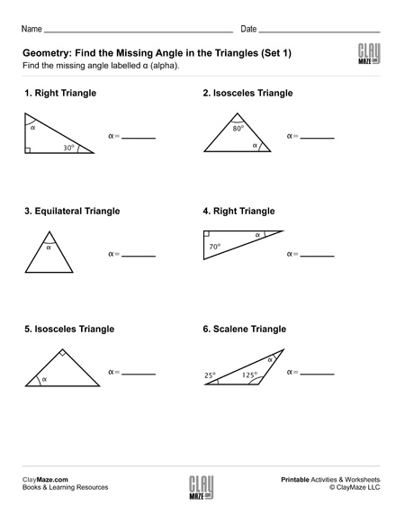 Geometry Find The Missing Angle In The Triangle Set 1 Childrens