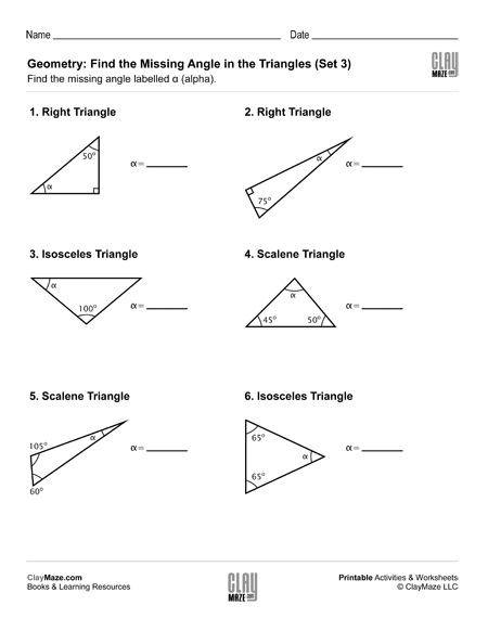 Geometry Find The Missing Angle In The Triangle Set 3 Childrens 