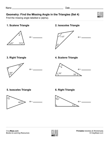 Geometry Find The Missing Angle In The Triangle Set 4 Childrens 