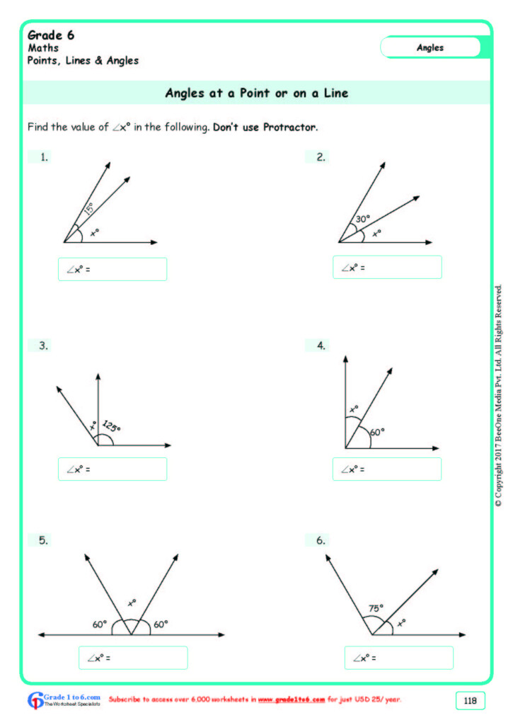 Grade 6 Angles At A Point Worksheets www grade1to6