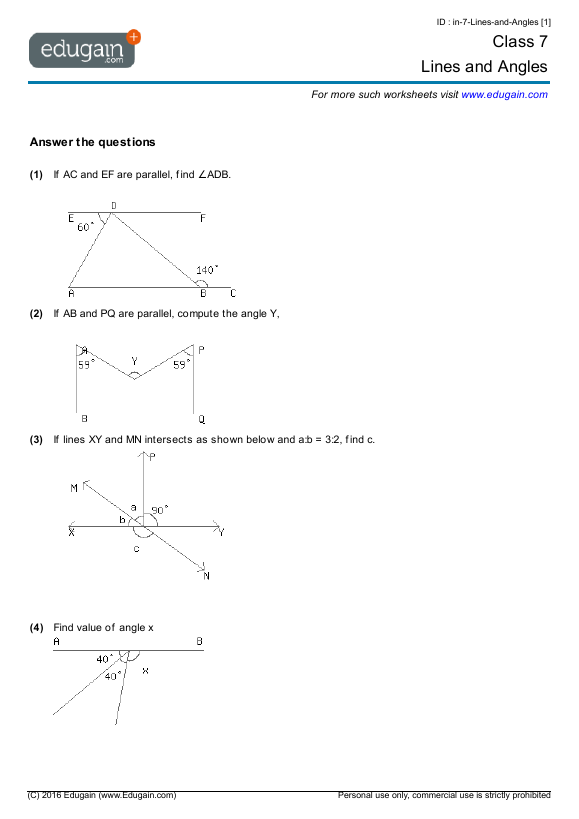 Grade 7 Math Worksheets And Problems Lines And Angles Edugain UAE
