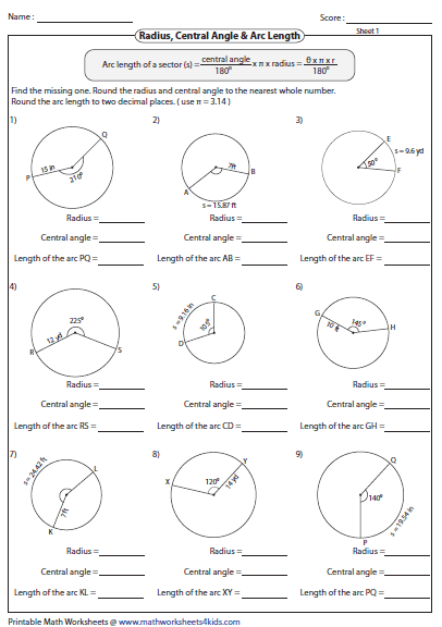 Identifying Missing One Arc Length Geometry Worksheets Circle 