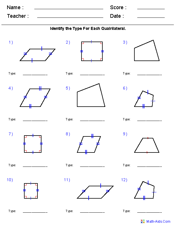 Math Sheets Geometry Worksheets Quadrilaterals Worksheet Teaching 