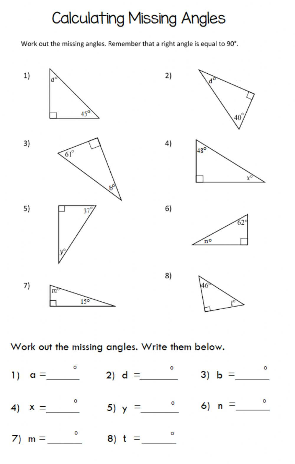 Triangle Missing Angle Worksheet Pdf 4163