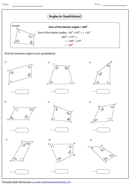 Missing Angle quadrilaterals Quadrilaterals Worksheet Angles