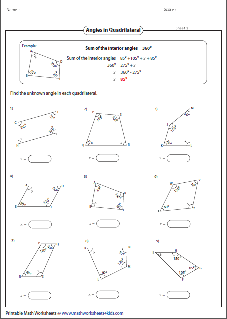 Missing Angles In A Quadrilateral Angles Worksheet Quadrilaterals 