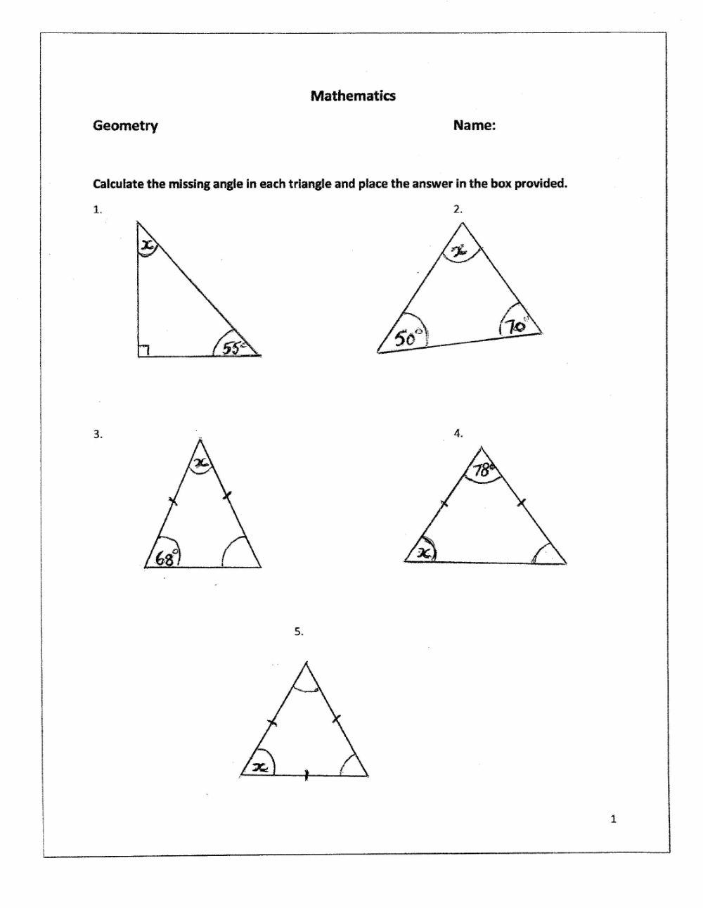 Solving For Missing Angles In A Triangle Worksheet 2066