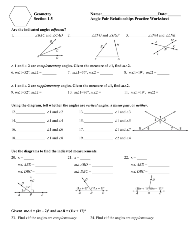 Pairs Of Angles Worksheet Answers Db excel