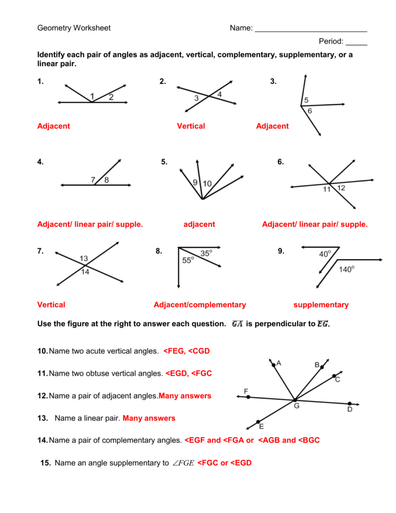 Pair Of Angles Worksheet Answers 6595