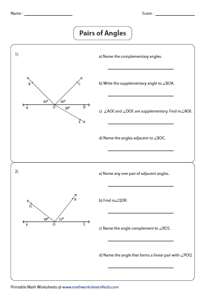 Pairs Of Angles Worksheets