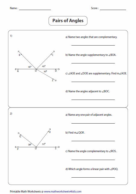Pairs Of Angles Worksheets Geometry Worksheets Angles Worksheet 