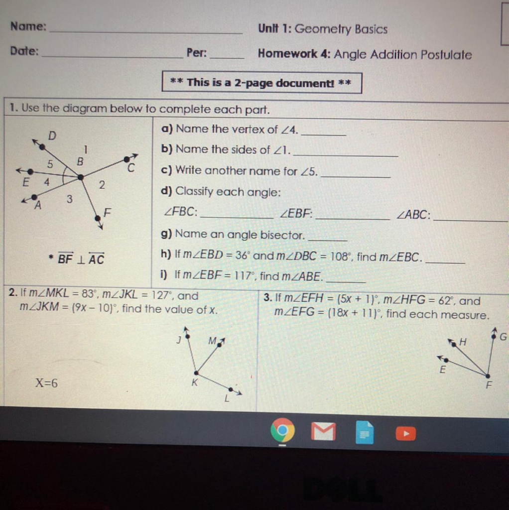 Per Homework 4 Angle Addition Postulate This Is A 2 page Document 