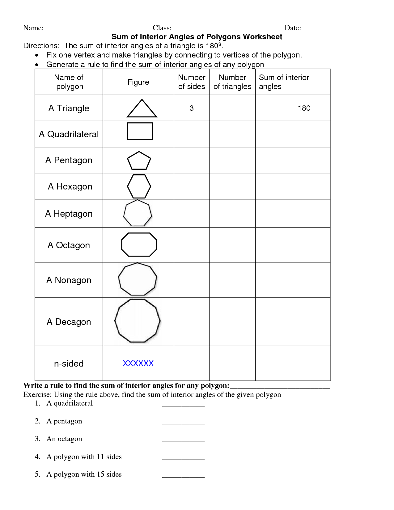 Polygon Worksheets Sum Of Interior Angles Of Polygons Worksheet