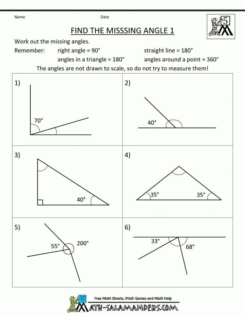 Printable geometry worksheets find the missing angle 1 gif 790 1 022 