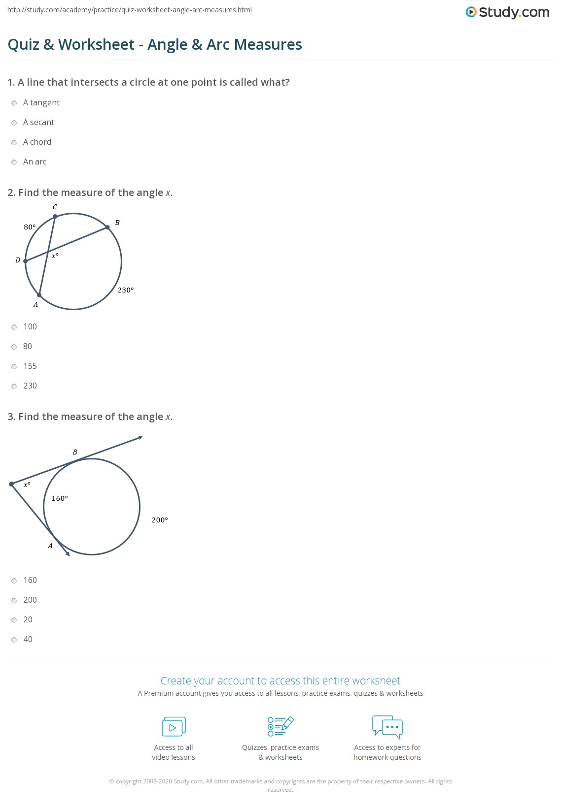 Quiz Worksheet Angle Arc Measures Study