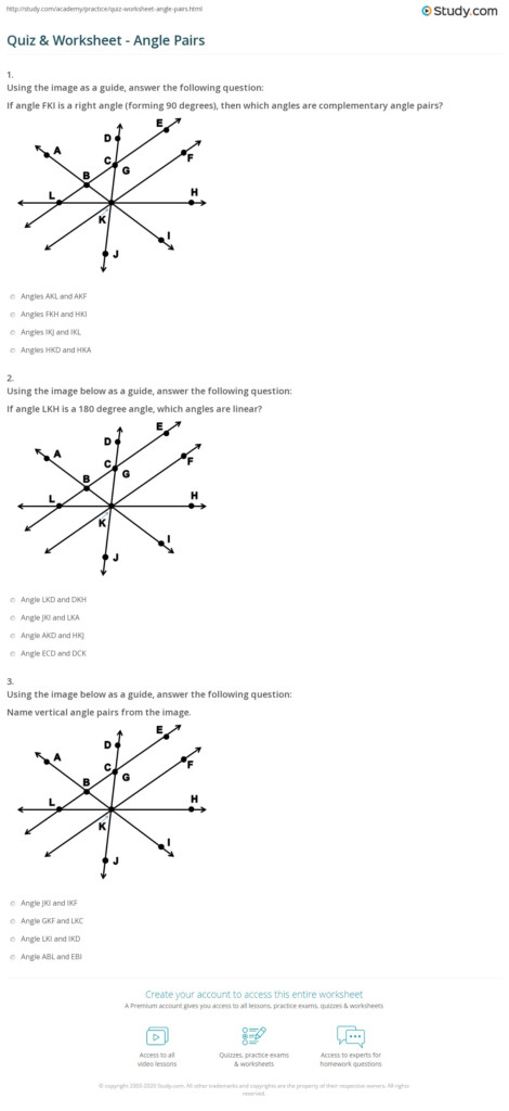 Quiz Worksheet Angle Pairs Study