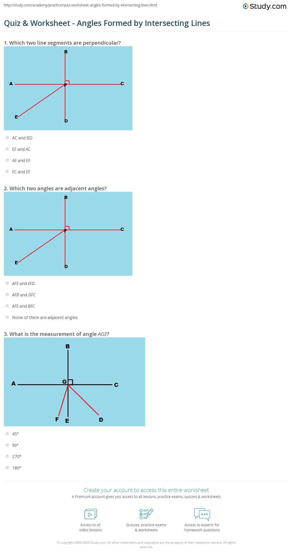 Quiz Worksheet Angles Formed By Intersecting Lines Study