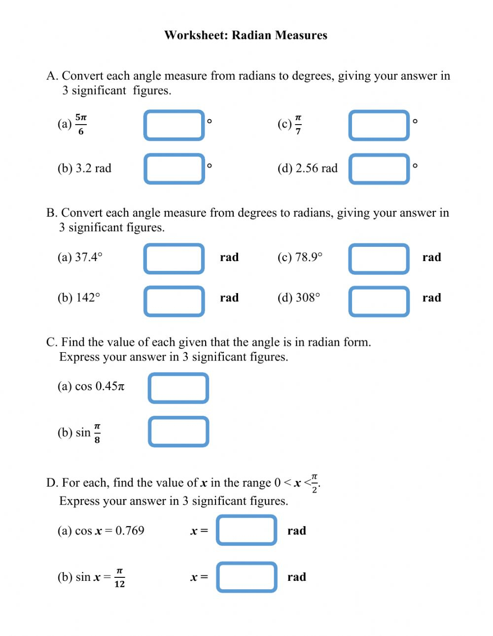 Angles And Radian Measure Worksheets - Angleworksheets.com