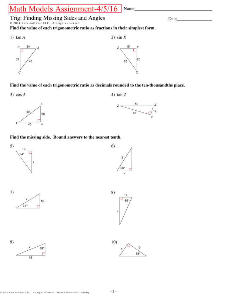 Right Triangle Trig Finding Missing Sides And Angles Worksheet Answers 