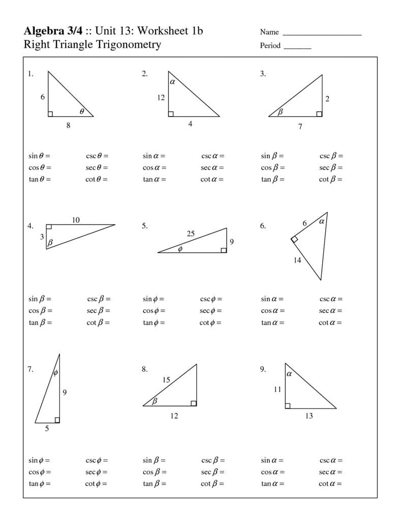 Right Triangle Trig Finding Missing Sides And Angles Worksheet Answers 