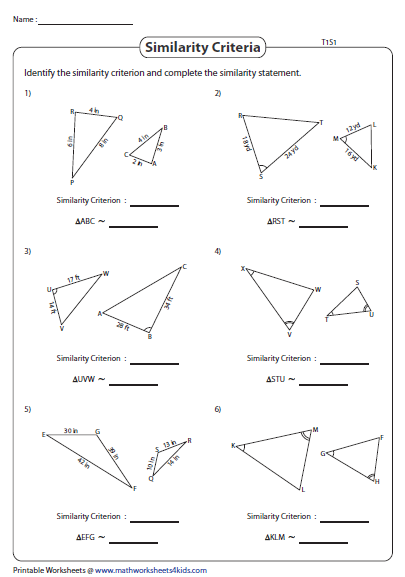 Similar Triangles SSS SAS And AA Type 1 Triangle Worksheet 