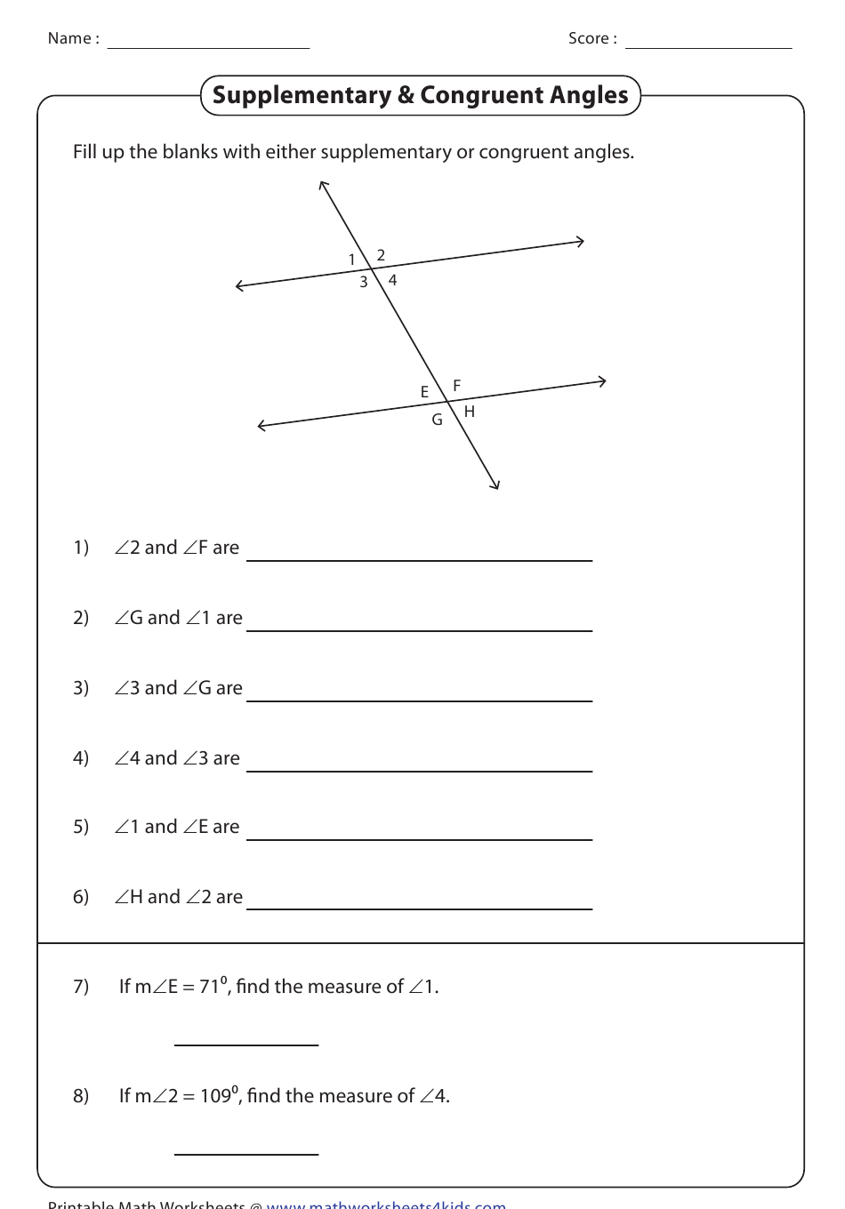 Supplementary Congruent Angles Worksheet With Answer Key Download